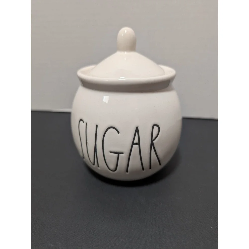 Rae Dunn Sugar Glossy White‎ Ceramic Round Jar Ivory Canister Farmhouse Kitchen